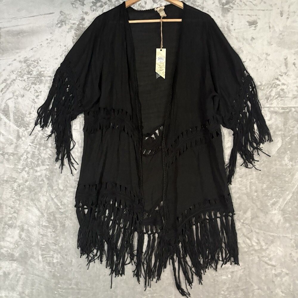 Gimmicks by Buckle Fringe Kimono Cardigan Size S Black Crochet Boho Whimsigoth